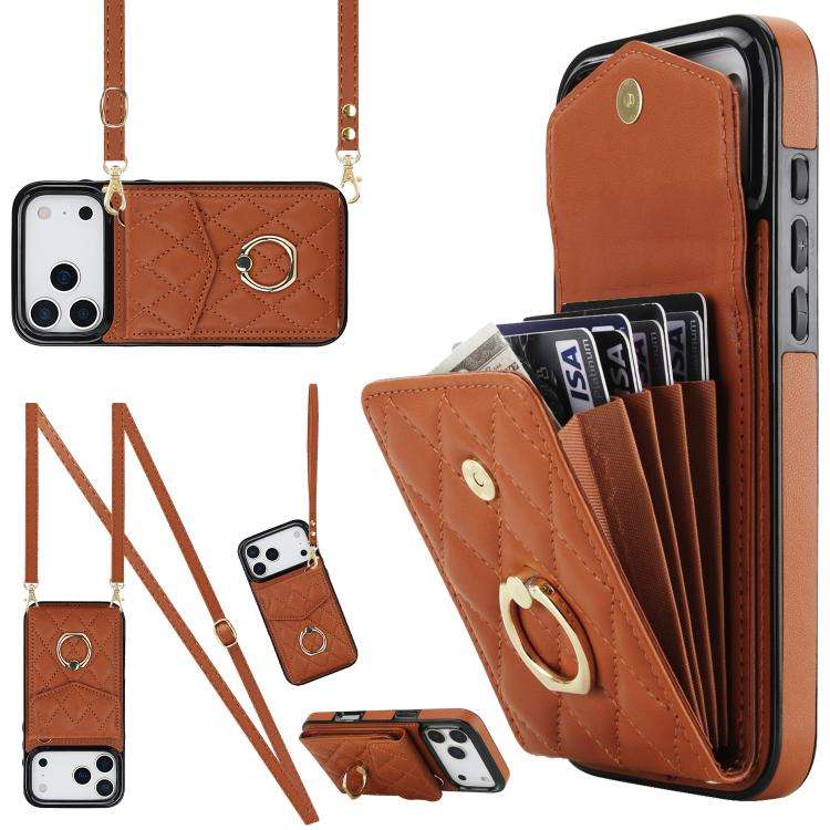 Rhombic Texture Card Bag Phone Case with Long Lanyard, For iPhone 18 Pro / 17 Pro, For iPhone 18 ...