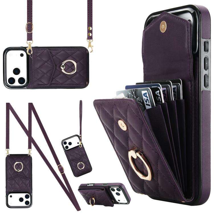 Rhombic Texture Card Bag Phone Case with Long Lanyard, For iPhone 18 Pro / 17 Pro, For iPhone 18 ...