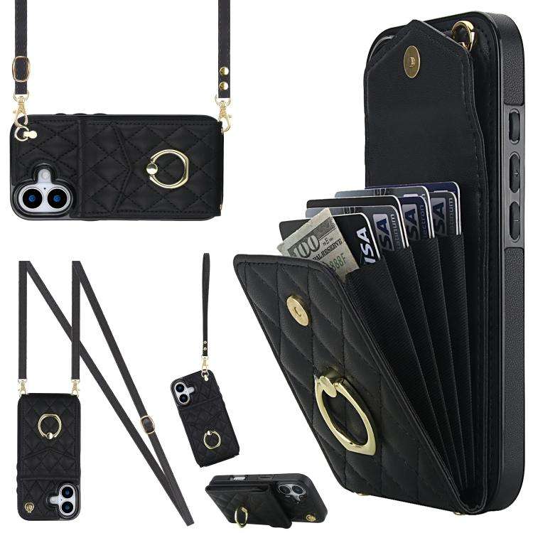 Rhombic Texture Card Bag Phone Case with Long Lanyard, For iPhone 18 Pro / 17 Pro, For iPhone 18 ...