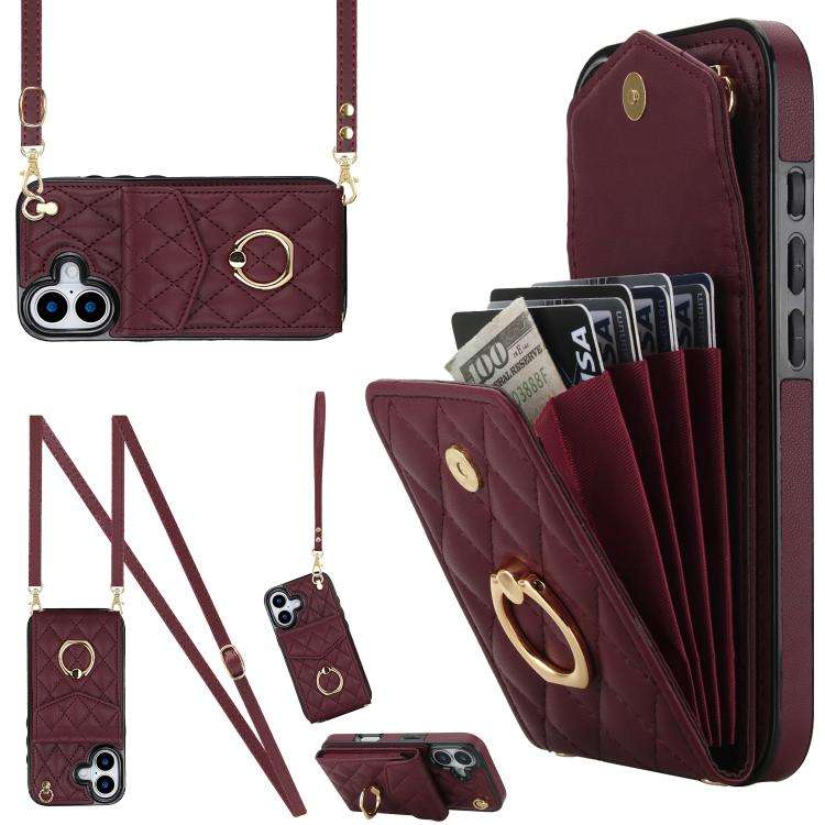 Rhombic Texture Card Bag Phone Case with Long Lanyard, For iPhone 18 Pro / 17 Pro, For iPhone 18 ...