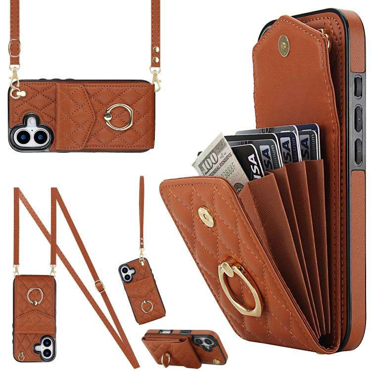 Rhombic Texture Card Bag Phone Case with Long Lanyard, For iPhone 18 Pro / 17 Pro, For iPhone 18 ...