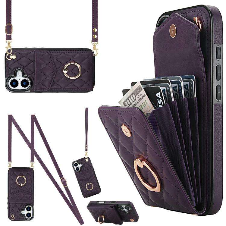 Rhombic Texture Card Bag Phone Case with Long Lanyard, For iPhone 18 Pro / 17 Pro, For iPhone 18 ...