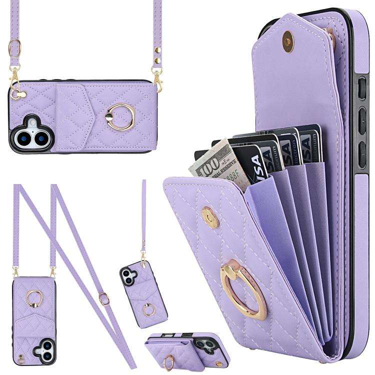 Rhombic Texture Card Bag Phone Case with Long Lanyard, For iPhone 18 Pro / 17 Pro, For iPhone 18 ...