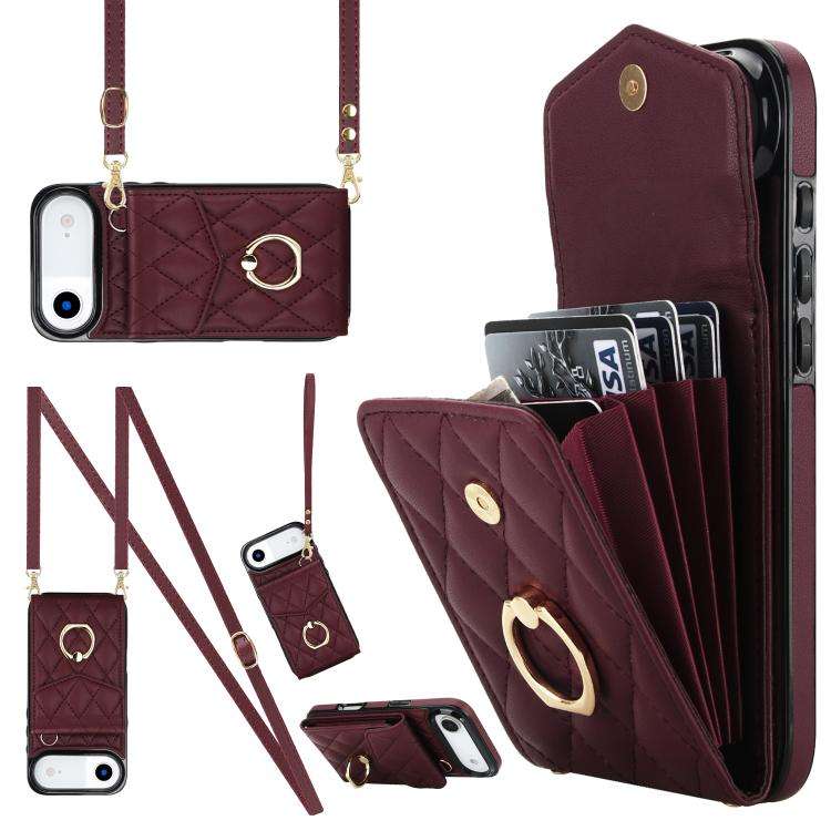 Rhombic Texture Card Bag Phone Case with Long Lanyard, For iPhone 18 Pro / 17 Pro, For iPhone 18 ...