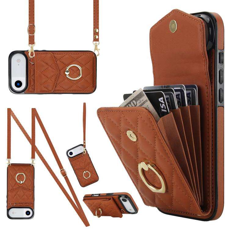 Rhombic Texture Card Bag Phone Case with Long Lanyard, For iPhone 18 Pro / 17 Pro, For iPhone 18 ...