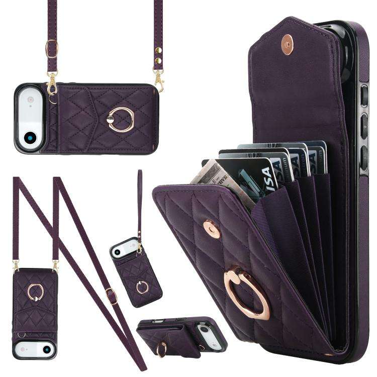 Rhombic Texture Card Bag Phone Case with Long Lanyard, For iPhone 18 Pro / 17 Pro, For iPhone 18 ...