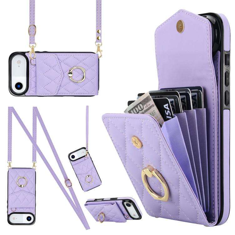 Rhombic Texture Card Bag Phone Case with Long Lanyard, For iPhone 18 Pro / 17 Pro, For iPhone 18 ...