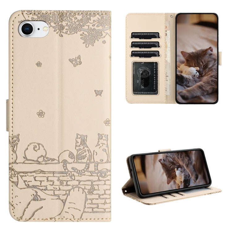 Cat Embossing Pattern Leather Phone Case with Lanyard, For iPhone 15 Pro Max, For iPhone 15 Pro, ...