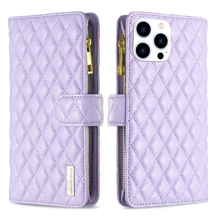 Diamond Lattice Zipper Wallet Leather Flip Phone Case, For iPhone 15 Pro Max, For iPhone 15 Pro, ...