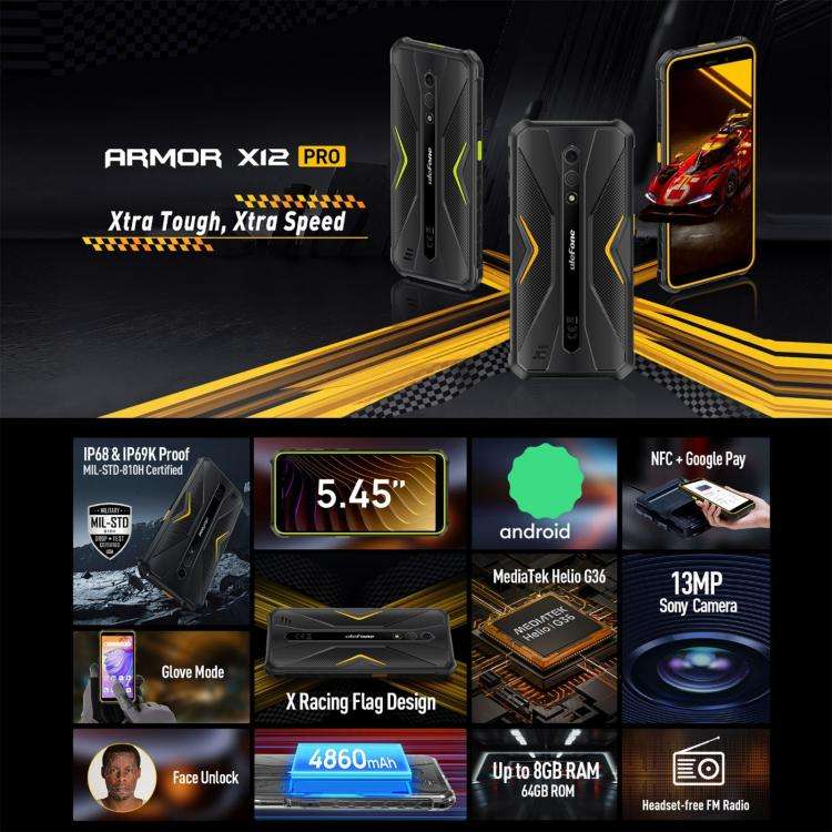 Ulefone Armor X12 Pro, IP68/IP69K Rugged Phone, 5.45 inch Android 16 MediaTek Helio G36 Octa Core...