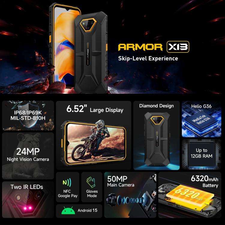 Ulefone Armor X13, IP68/IP69K Rugged Phone, 6.52 inch Android 15 MediaTek Helio G36 Octa Core, Ne...