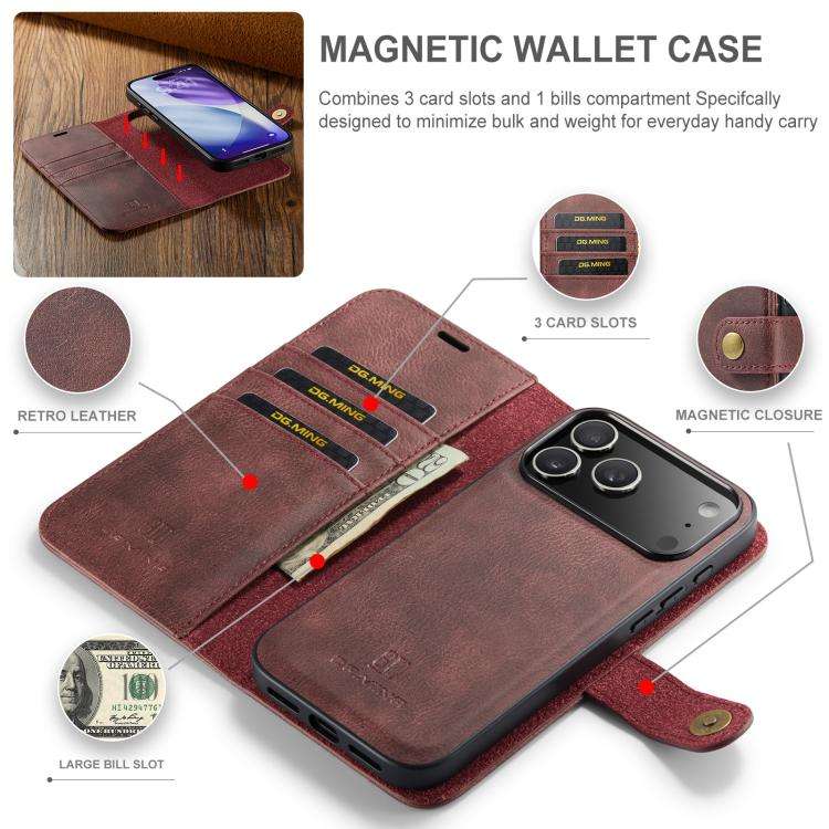 DG.MING Crazy Horse Texture Detachable Magnetic Leather Phone Case, For iPhone 18 Pro / 17 Pro, F...