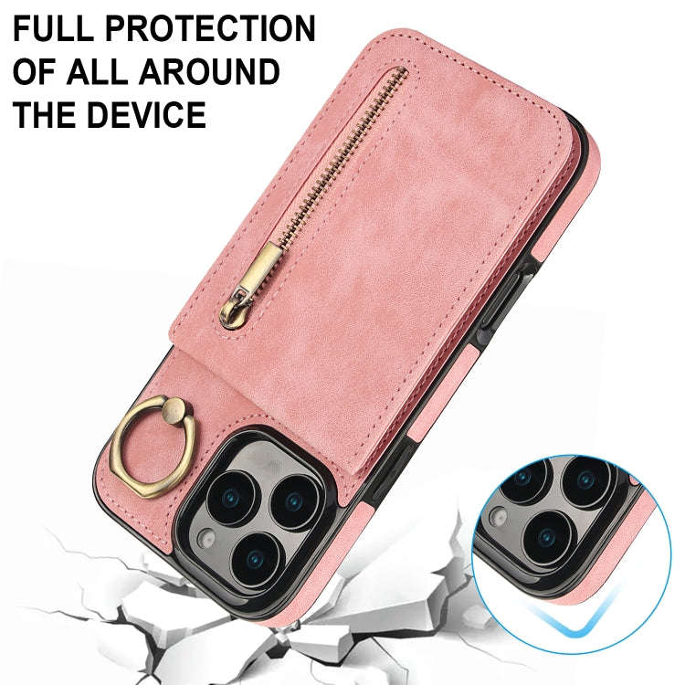Retro Ring and Zipper RFID Card Slot Phone Case, For iPhone 16 Pro, For iPhone 16 Plus, For iPhon...