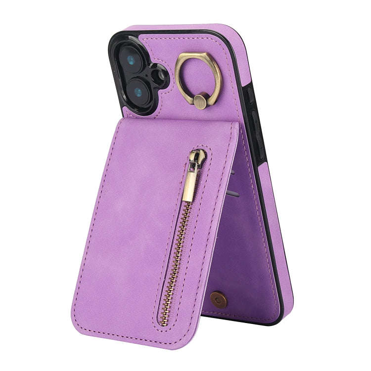 Retro Ring and Zipper RFID Card Slot Phone Case, For iPhone 16 Pro, For iPhone 16 Plus, For iPhon...
