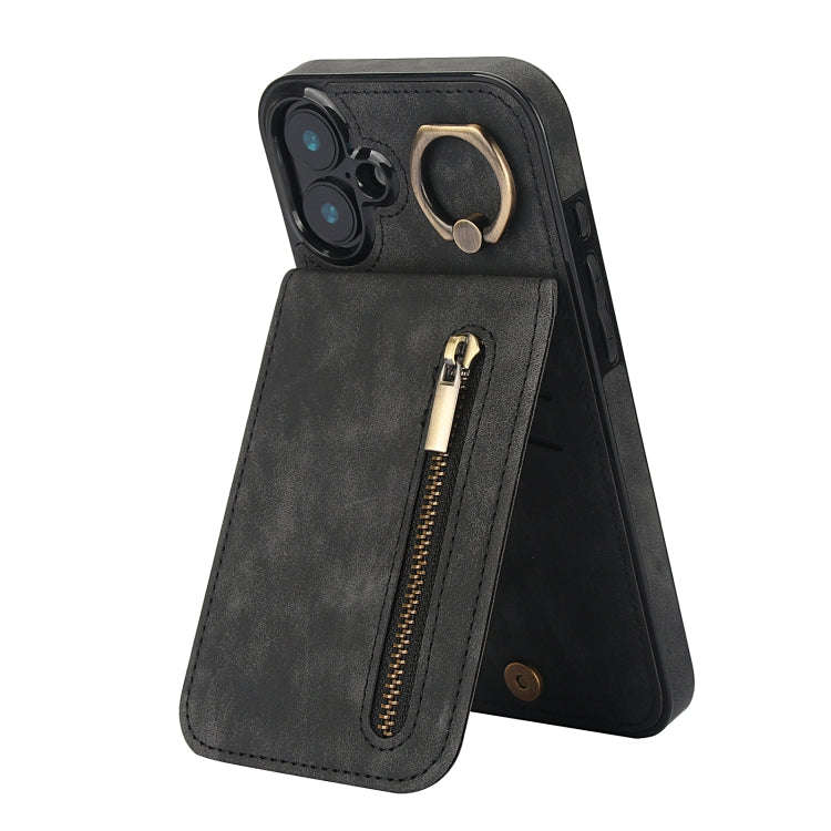 Retro Ring and Zipper RFID Card Slot Phone Case, For iPhone 16 Pro, For iPhone 16 Plus, For iPhon...