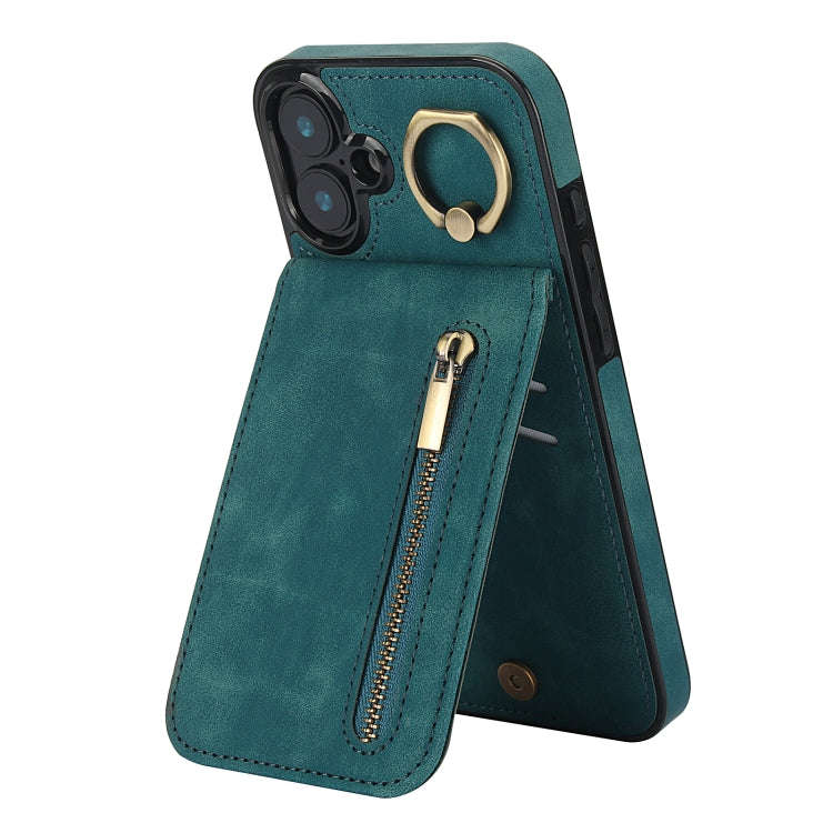 Retro Ring and Zipper RFID Card Slot Phone Case, For iPhone 16 Pro, For iPhone 16 Plus, For iPhon...