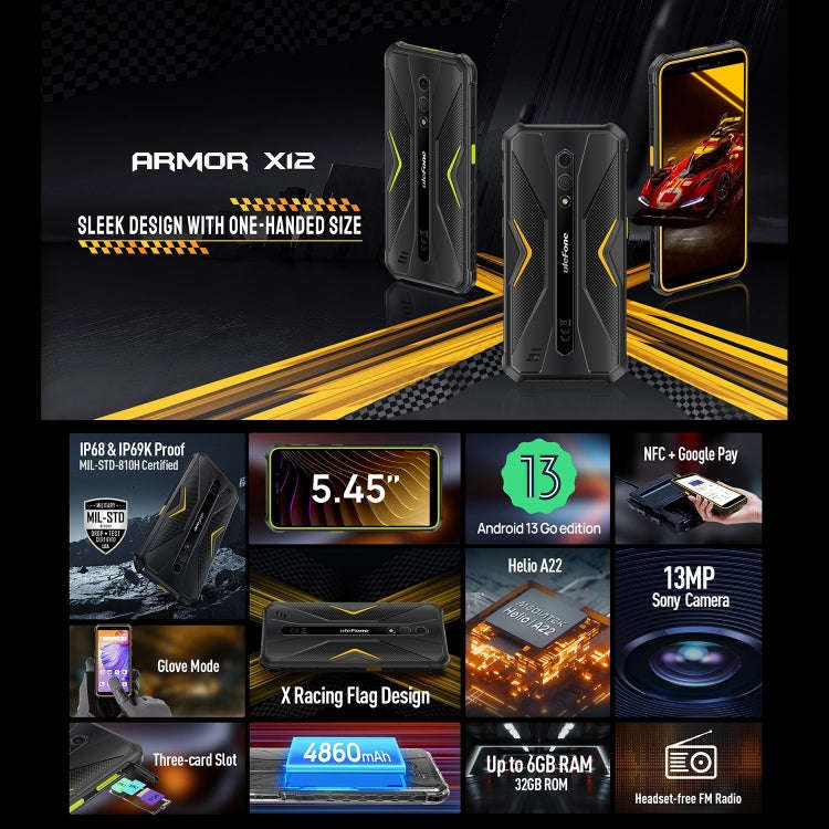 Ulefone Armor X12, Rugged Phone, Face Unlock, 5.45 inch Android 13 Go MediaTek Helio A22 Quad Cor...