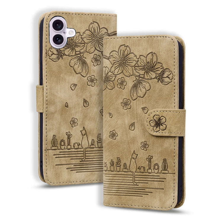 Cartoon Sakura Cat Embossed Leather Phone Case, For iPhone 17e / 16e, For iPhone 17 Pro Max, For ...
