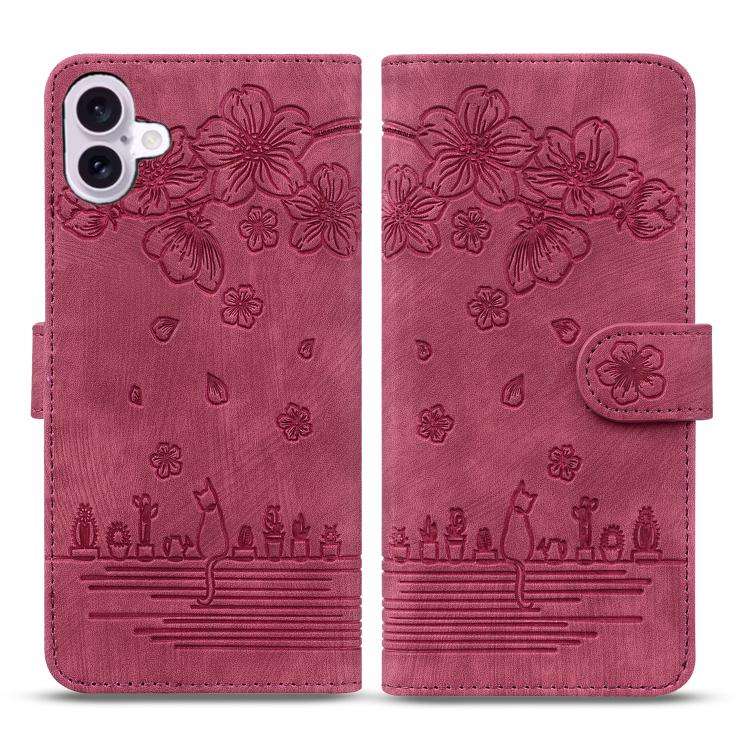 Cartoon Sakura Cat Embossed Leather Phone Case, For iPhone 17e / 16e, For iPhone 17 Pro Max, For ...