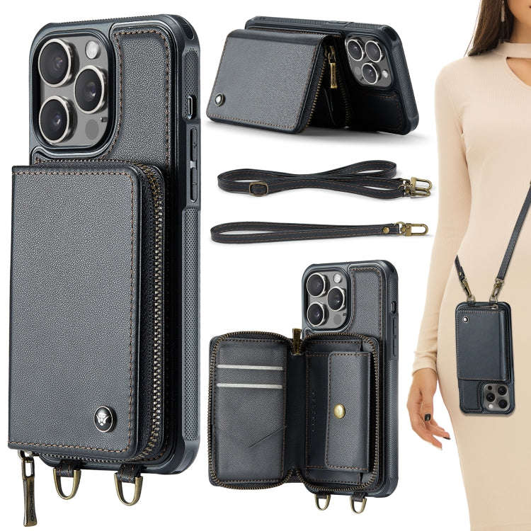 JEEHOOD C22 Series Zipper Wallet Leather Phone Case with Dual Lanyard, For iPhone 15 Pro, For iPh...