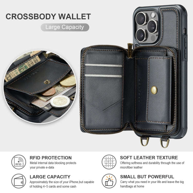 JEEHOOD C22 Series Zipper Wallet Leather Phone Case with Dual Lanyard, For iPhone 15 Pro, For iPh...