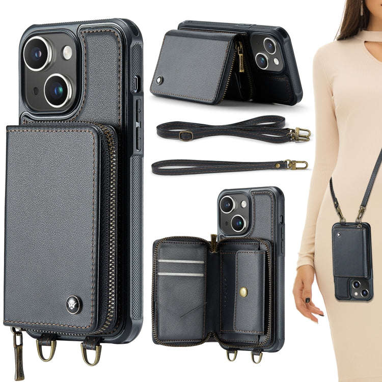 JEEHOOD C22 Series Zipper Wallet Leather Phone Case with Dual Lanyard, For iPhone 15 Pro, For iPh...