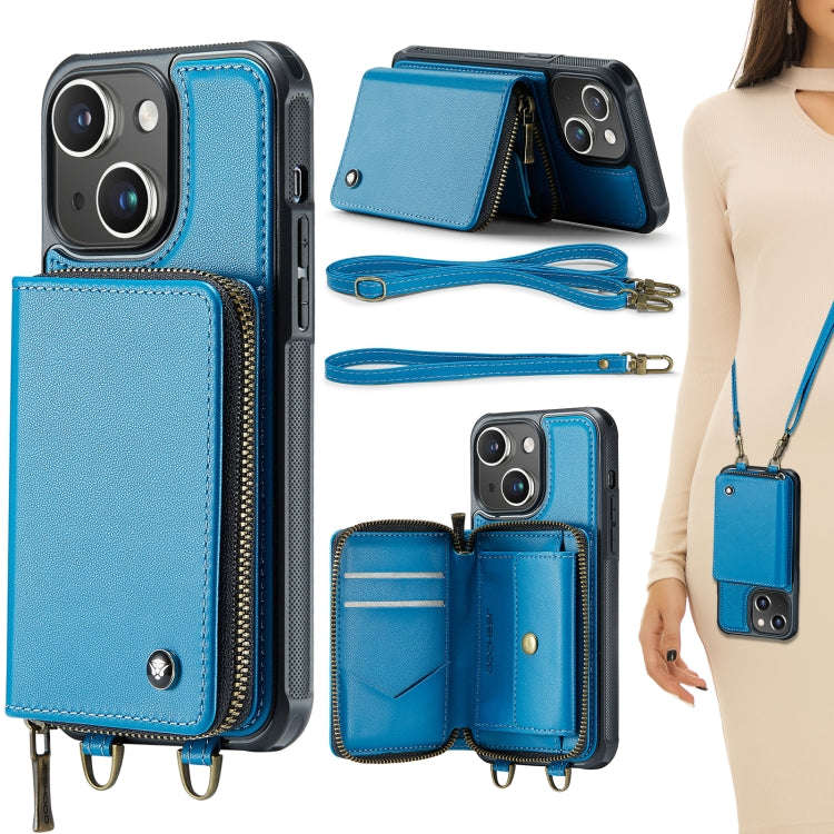 JEEHOOD C22 Series Zipper Wallet Leather Phone Case with Dual Lanyard, For iPhone 15 Pro, For iPh...