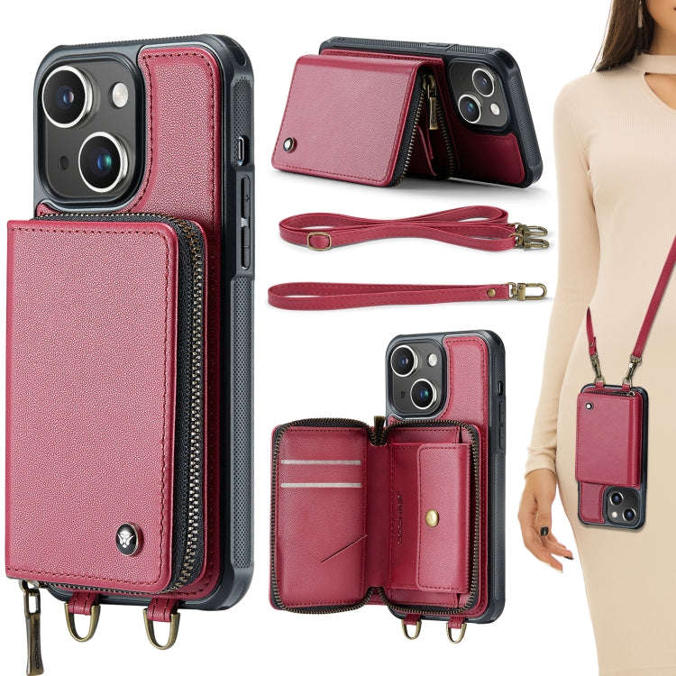 JEEHOOD C22 Series Zipper Wallet Leather Phone Case with Dual Lanyard, For iPhone 15 Pro, For iPh...