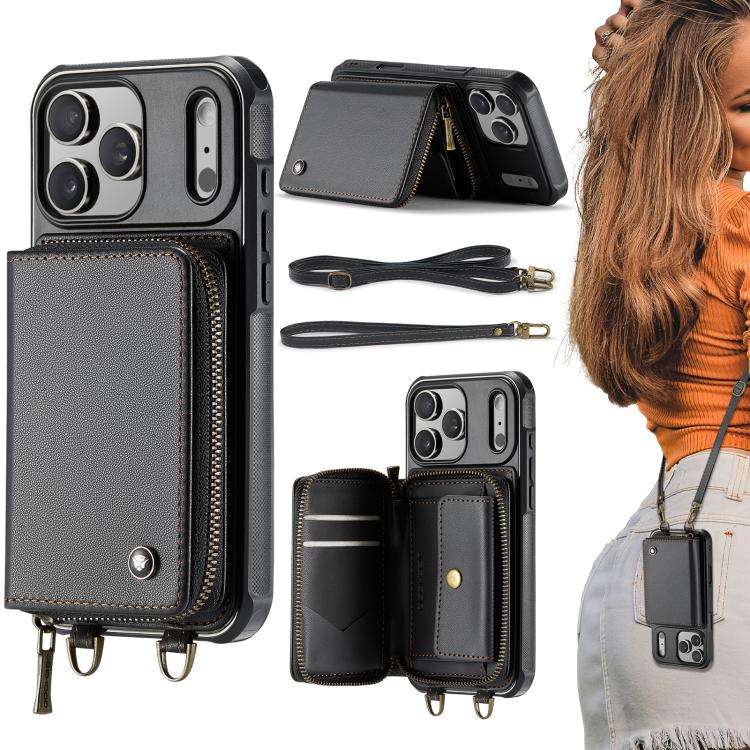 JEEHOOD C22 Series Zipper Wallet Leather Phone Case with Dual Lanyard, For iPhone 17 Pro Max, For...