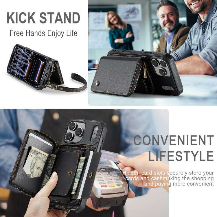 JEEHOOD C22 Series Zipper Wallet Leather Phone Case with Dual Lanyard, For iPhone 17 Pro Max, For...
