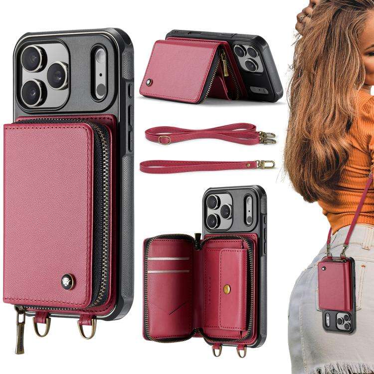JEEHOOD C22 Series Zipper Wallet Leather Phone Case with Dual Lanyard, For iPhone 17 Pro Max, For...