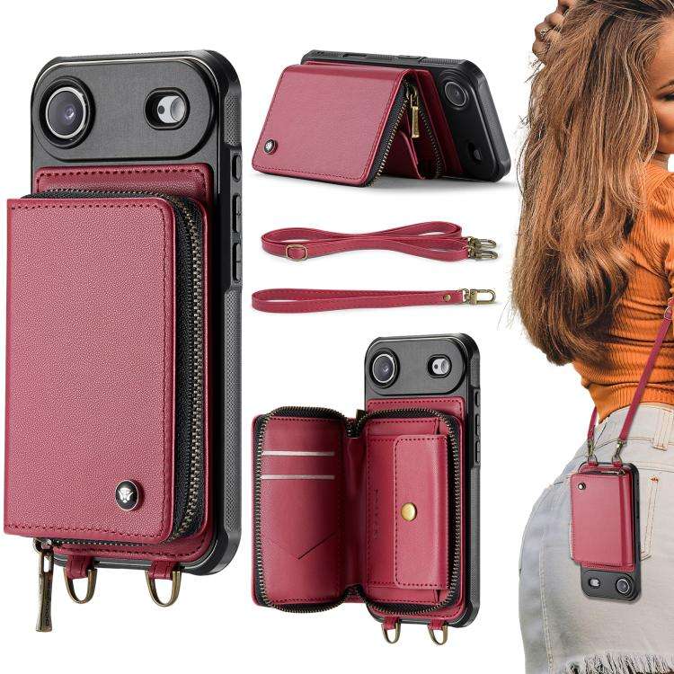 JEEHOOD C22 Series Zipper Wallet Leather Phone Case with Dual Lanyard, For iPhone 17 Pro Max, For...