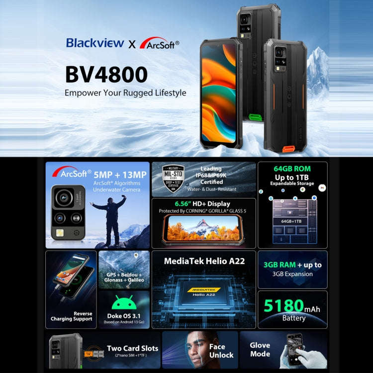 Blackview BV4800, IP68/IP69K/MIL-STD-810H, 6.56 inch Android 13 MediaTek MT6761V/WB Helio A22 Qua...