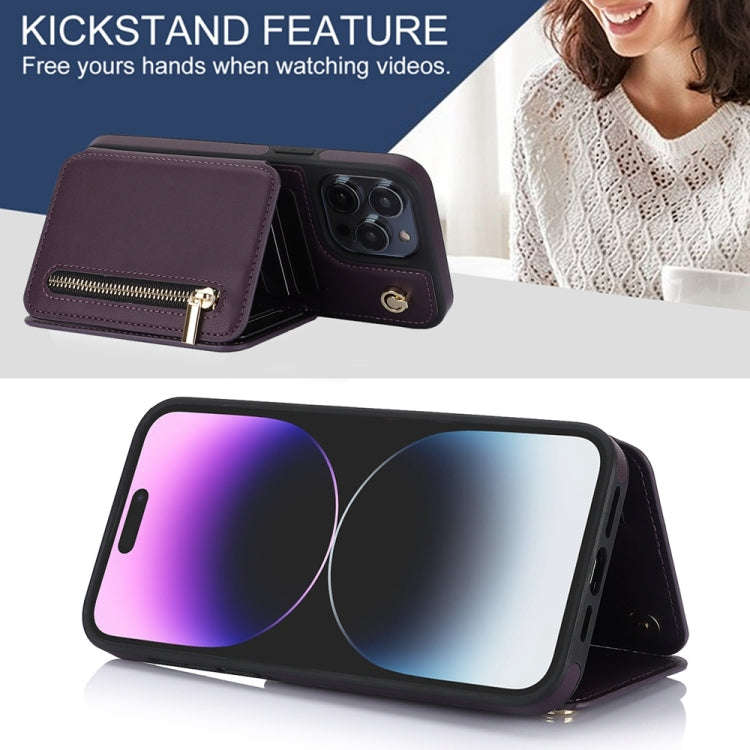 YM006 Skin Feel Zipper Card Bag Phone Case with Dual Lanyard, For iPhone 14 Plus, For iPhone 14, ...
