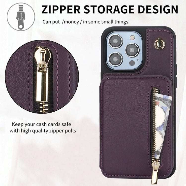 YM006 Skin Feel Zipper Card Bag Phone Case with Dual Lanyard, For iPhone 14 Plus, For iPhone 14, ...