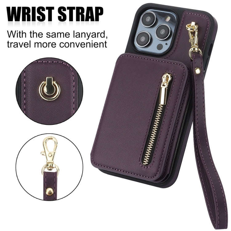 YM006 Skin Feel Zipper Card Bag Phone Case with Dual Lanyard, For iPhone 14 Plus, For iPhone 14, ...