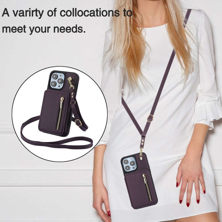 YM006 Skin Feel Zipper Card Bag Phone Case with Dual Lanyard, For iPhone 14 Plus, For iPhone 14, ...