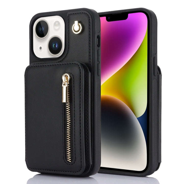 YM006 Skin Feel Zipper Card Bag Phone Case with Dual Lanyard, For iPhone 14 Plus, For iPhone 14, ...
