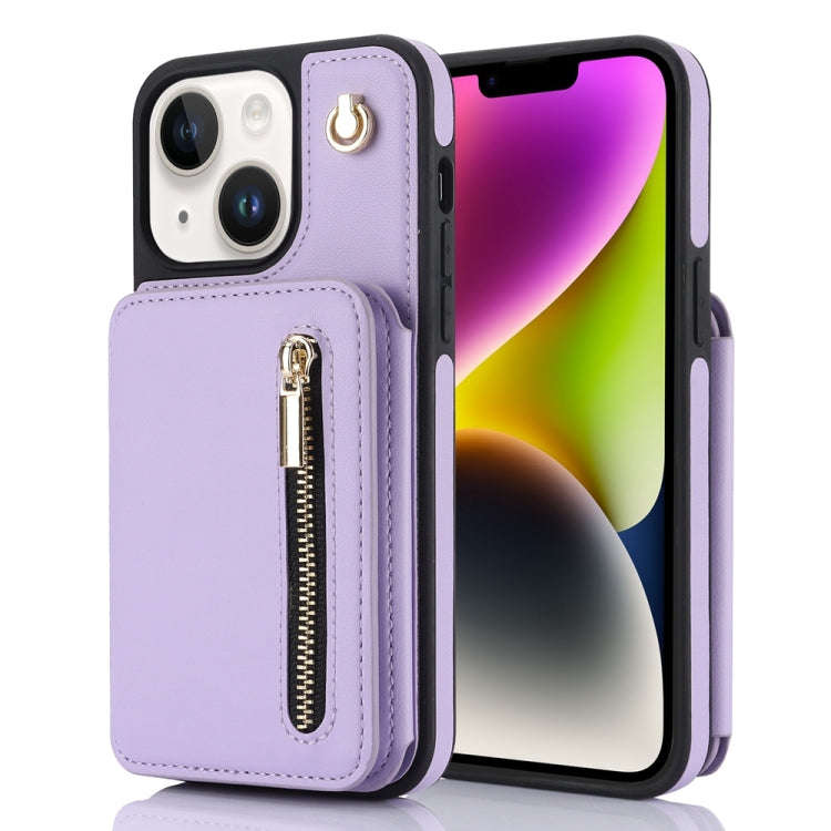 YM006 Skin Feel Zipper Card Bag Phone Case with Dual Lanyard, For iPhone 14 Plus, For iPhone 14, ...