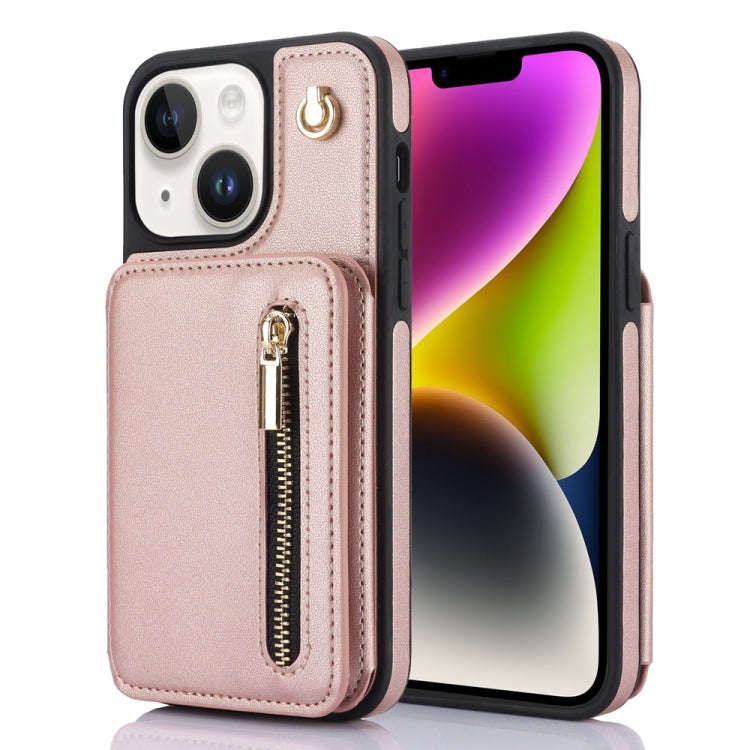 YM006 Skin Feel Zipper Card Bag Phone Case with Dual Lanyard, For iPhone 14 Plus, For iPhone 14, ...