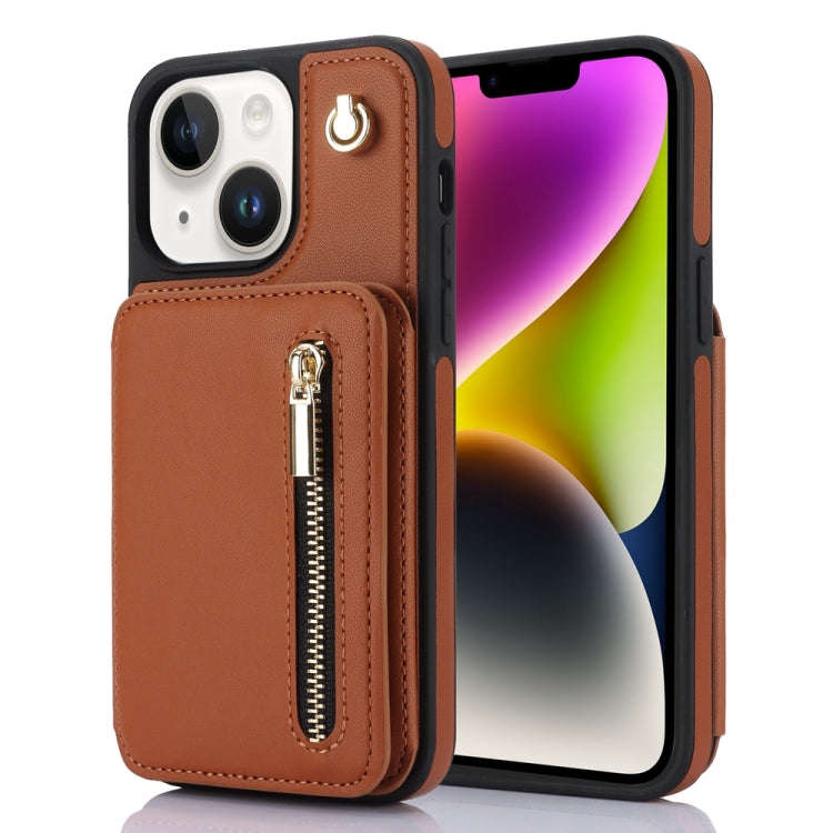 YM006 Skin Feel Zipper Card Bag Phone Case with Dual Lanyard, For iPhone 14 Plus, For iPhone 14, ...