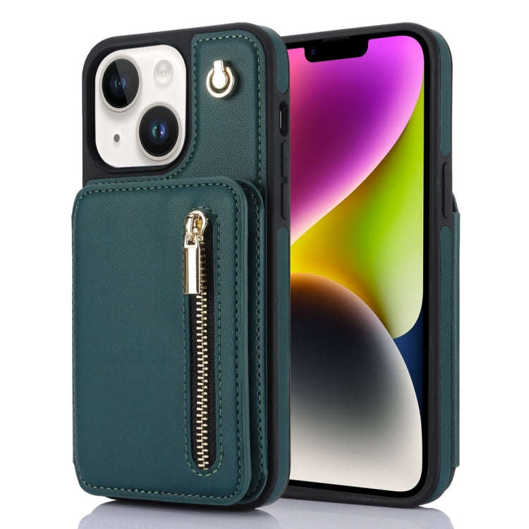 YM006 Skin Feel Zipper Card Bag Phone Case with Dual Lanyard, For iPhone 14 Plus, For iPhone 14, ...