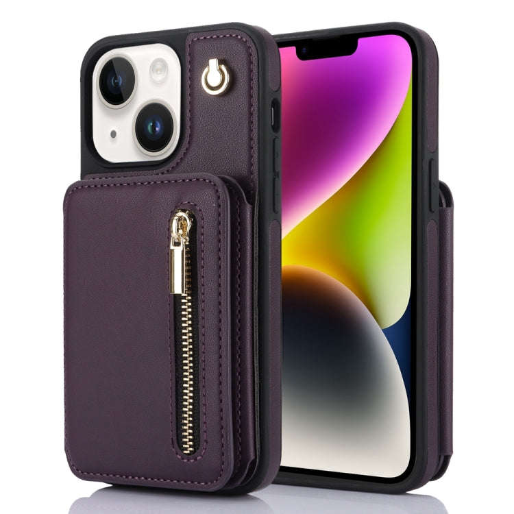 YM006 Skin Feel Zipper Card Bag Phone Case with Dual Lanyard, For iPhone 14 Plus, For iPhone 14, ...