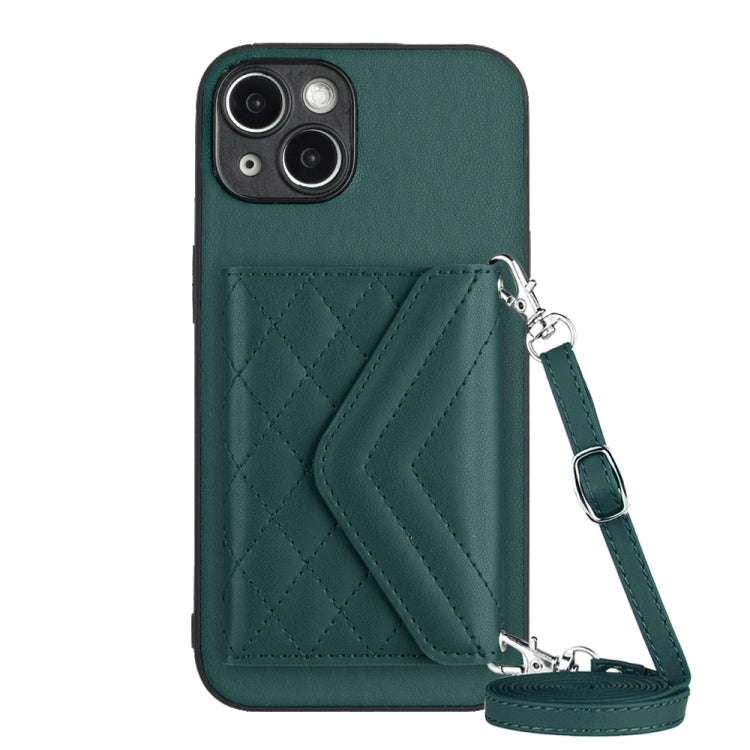 Rhombic Texture Card Bag RFID Phone Case with Long Lanyard, For iPhone 15 Pro Max, For iPhone 15 ...