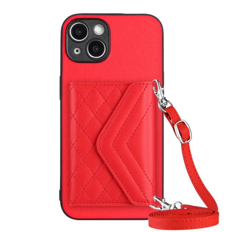 Rhombic Texture Card Bag RFID Phone Case with Long Lanyard, For iPhone 15 Pro Max, For iPhone 15 ...