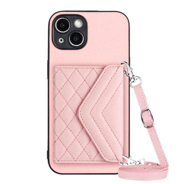 Rhombic Texture Card Bag RFID Phone Case with Long Lanyard, For iPhone 15 Pro Max, For iPhone 15 ...