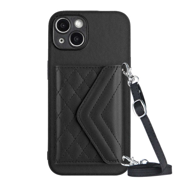 Rhombic Texture Card Bag RFID Phone Case with Long Lanyard, For iPhone 15 Pro Max, For iPhone 15 ...
