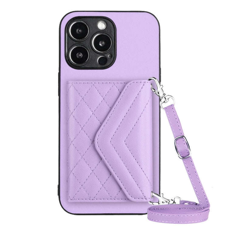 Rhombic Texture Card Bag RFID Phone Case with Long Lanyard, For iPhone 15 Pro Max, For iPhone 15 ...