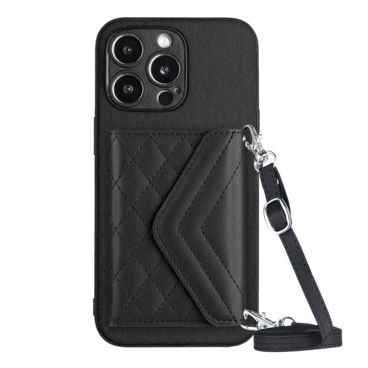 Rhombic Texture Card Bag RFID Phone Case with Long Lanyard, For iPhone 15 Pro Max, For iPhone 15 ...