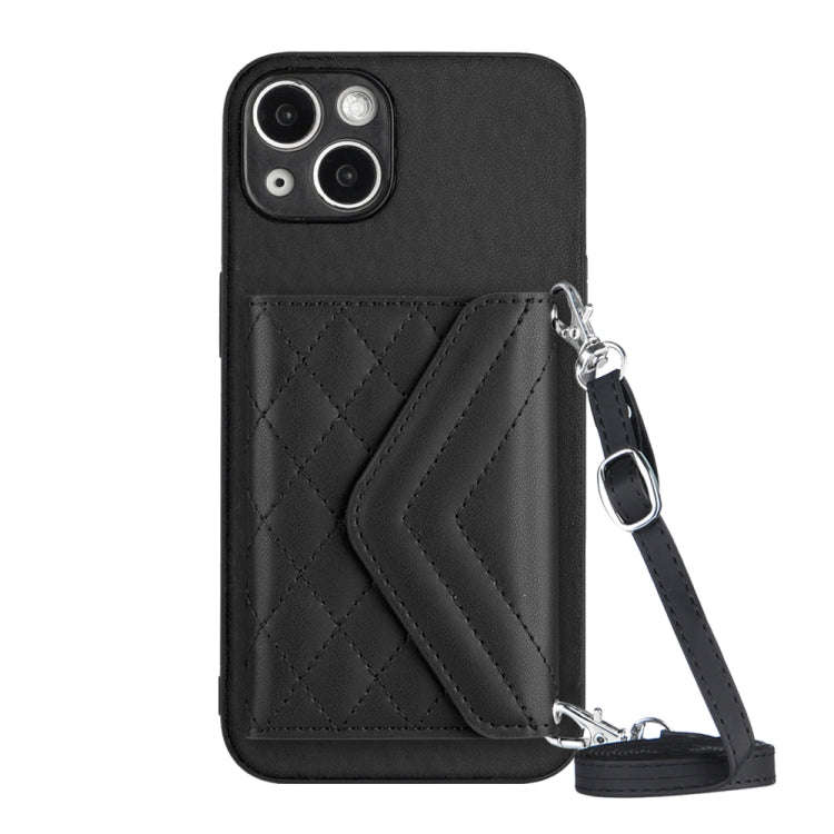 Rhombic Texture Card Bag RFID Phone Case with Long Lanyard, For iPhone 15 Pro Max, For iPhone 15 ...